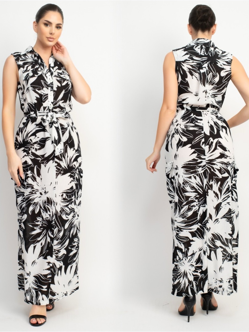 Sleeveless Black & White Floral Tie-Waist Maxi Dress - Picture 9 of 13